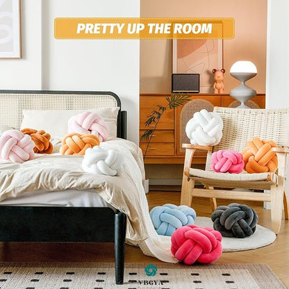 Knot Pillow Ball, Soft Decorative Throw Cushion, 11 Inch Round Plush Knotted Pillow Dark Yellow, Modern Home Decor Cushion for Bedroom, Sofa, Couch