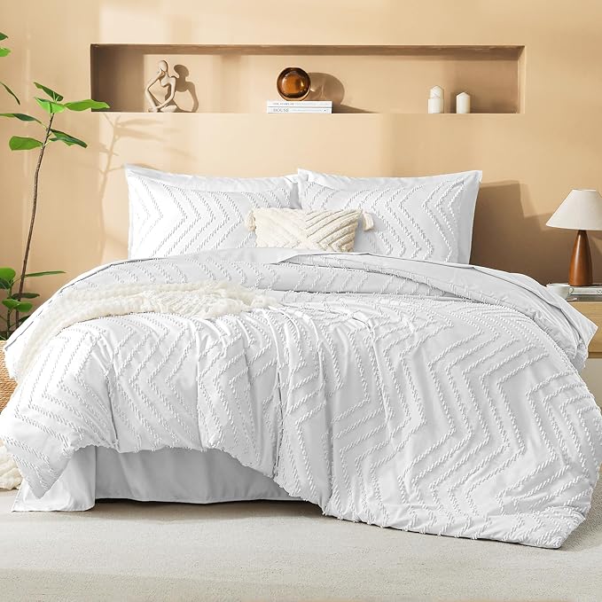 Litanika Super King Plus Size Comforter Set with Sheets White - 7 Pieces Bed in a Bag Oversized King Boho Tufted Complete Bedding Sets with Comforter, Sheets, Pillowcases & Shams