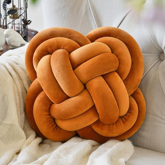 Xuyier Knot Pillow Ball, Decorative Throw Pillows with Velvet Fabric for Couch Bed, 12" Decor Knotted Square Floor Pillow Cushions for Living Room (12 Inches, Brown)