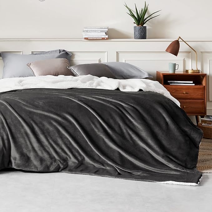 Bedsure GentleSoft Sherpa Fleece Blankets King Size for Bed - Thick and Warm Throw for Women and Men, Soft Fuzzy Plush King Blanket for Winter, Non-Heated, Charcoal, 108x90 Inches