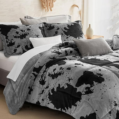 Petrichor Velvet Flannel Twin Comforter Set-Cow Print Western Style Blanket,Luxury Fuzzy Heavy Bedding Set, 2 Pieces Plush Winter Bed Set with Comforter (68"x88") & 1 Pillow Shams (20"x26")