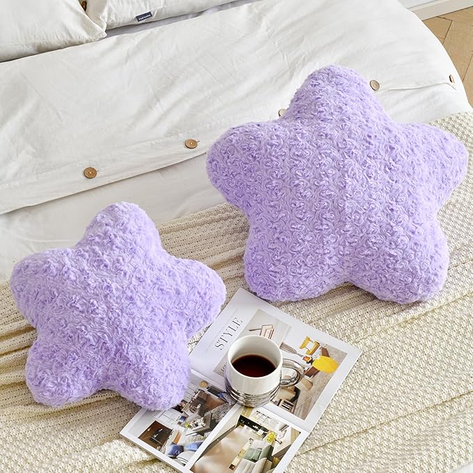 Star Pillow, 14.9" Star Shaped Plush Pillow for Couch Bed Sofa, Cute Decorative Throw Pillows with Soft Faux Fur Room Decor for Bedroom Living Room (Lavender)