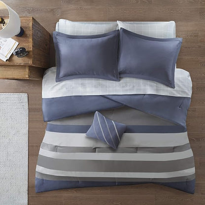 Intelligent Design Marsden Comforter Stripes Design Embroidered Toss Pillow Casual All Season Bedding Matching Sham and Complete Sheet Set, Twin XL, Blue/Grey 6 Piece