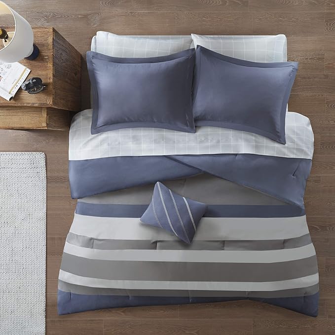 Intelligent Design Marsden Comforter Stripes Design Embroidered Toss Pillow Casual All Season Bedding Matching Sham and Complete Sheet Set, Full, Blue/Grey 8 Piece