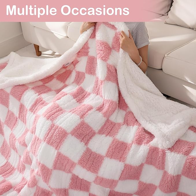 Electric Heated Blanket Full Size 72"×84" with 9 Heating Levels & 1-10Hs Auto Off, Checkered Plaid Double Sided Sherpa, Energy Efficient, Machine Washable, for Couch & Bed, Light Pink