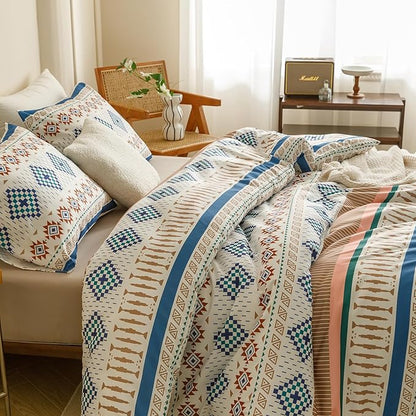 CLOTHKNOW Multicolor Geometric Boho Bedding Set Full 3Pcs Comforter Sets White Blue Aztec Navajo 80" x 90" Full Size