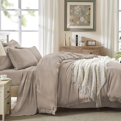 Andency Full Size Comforter Set Khaki -7 Pieces Boho Tassel Bed in a Bag Soft Lightweight Bedding Sets, Fringe All Season Bed Set with Comforter, Sheets, Pillowcases & Shams