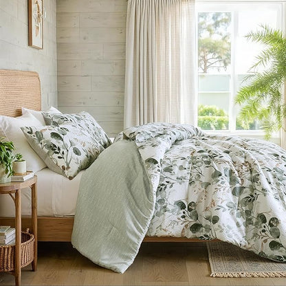 Lightweight Seersucker Botanical Comforter Set King Size, 3 Pieces Reversible Design with Striped Print, Premium Microfiber Bedding Set, Comforter and Sham Set, Green