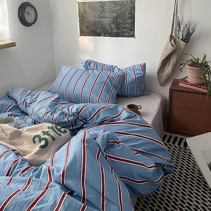 mixinni Vintage Blue & Red Striped Comforter Set Full Size - Soft Cotton 3-Piece Bedding Set (1 Comforter + 2 Pillowcases), Retro Geometric Stripes Pattern, All-Season Lightweight & Breathable
