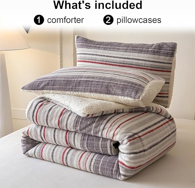 Cyusri Striped Sherpa Comforter Set 3Pcs Fluffy Warm Fleece Down Alternative, Grey Red Bedding Set with 2 Pillowcases, Queen Size 90"x90"
