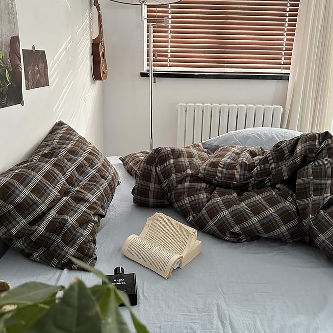 mixinni Vintage Blue & Brown Buffalo Plaid Comforter Set Twin XL Size - 3-Piece Washed Cotton Soft Geometric Checkered Pattern Bedding Set for All-Seasons Lightweight & Breathable-Twin XL Size