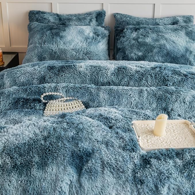 chovy Faux Fur Tie-Dyed Blue White Colorful Comforter Sets King - 3PC Bed Set Ultra Soft Plush Flannel Velvet Fluffy Fuzzy Bedding（Comforter x 1 Pillowcases x 2）