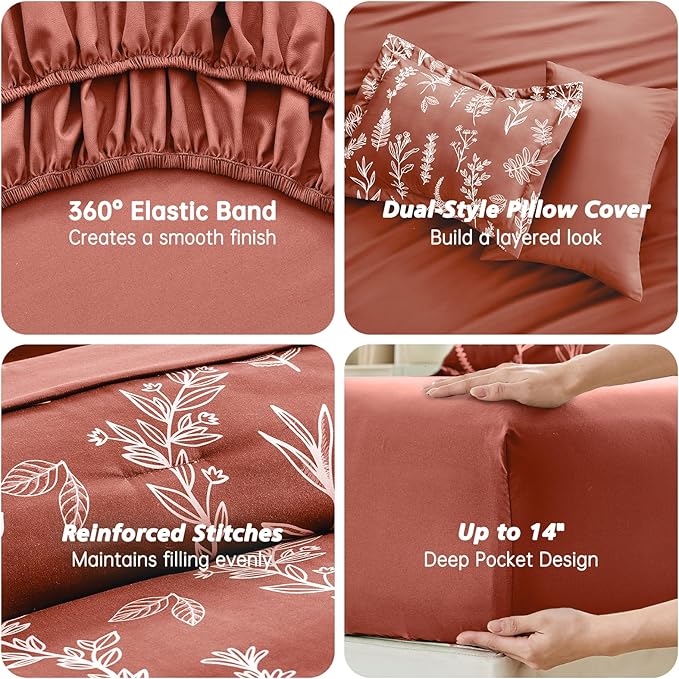 MUXHOMO Brown King Comforter Set, Elegant Floral Print Bed in a Bag 7 Pieces, Ultra Soft & Breathable Reversible Botanical Pattern Bedding Set with Comforter, Sheets, Pillowcases, and Shams