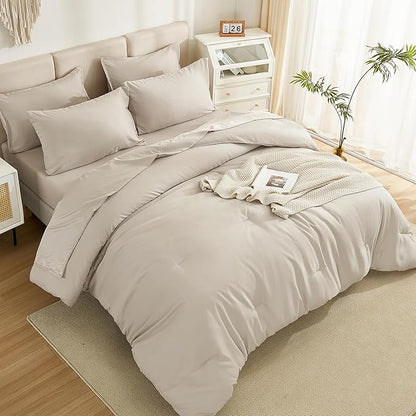 Litanika Comforter Full Size Set Tannish Grey - 7 Pieces Bed in a Bag Full Bedding Comforter Sets, Plain Lightweight Bed Set with Comforter, Sheets, Pillowcases & Shams