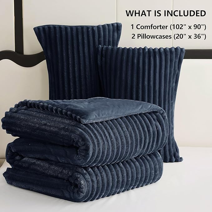 CozyLux Fluffy King Size Comforter Set - Super Soft Faux Fur Navy Blue Comforter King Size, Winter Warm Fleece Bedding Set, 3 Pieces Plush Fuzzy Bed Set (1 Shaggy Comforter, 2 Pillowcases)