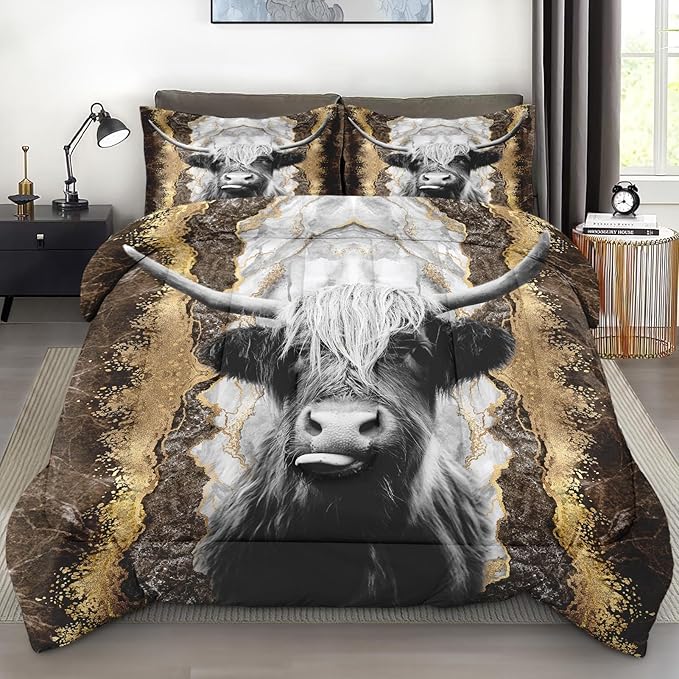 Comforter Set Full Size, Highland Cow Bull 3 Pcs Soft Bedding Set for Kids and Adults, Animal Farm Marble Comforter Set with 2 Pillowcases, for Bedroom Bed Decor