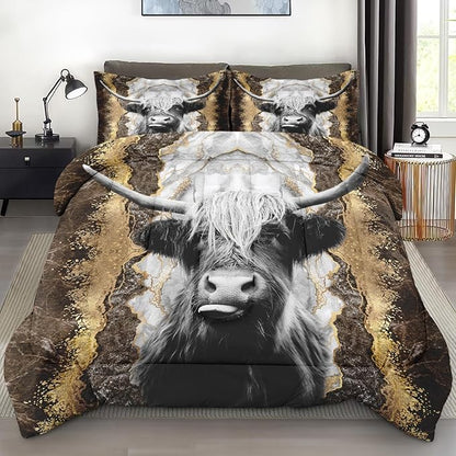 Comforter Set Full Size, Highland Cow Bull 3 Pcs Soft Bedding Set for Kids and Adults, Animal Farm Marble Comforter Set with 2 Pillowcases, for Bedroom Bed Decor