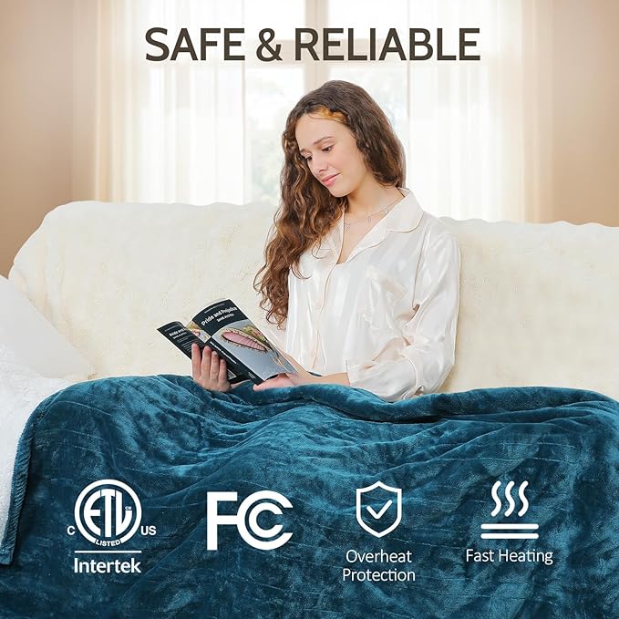 HOW'S MY HOUSE Heated Blanket Throw 50" x 60", Electric Blanket with 12 Time Settings & 6 Heating Levels, Over-Heat Protection, Flannel Sherpa Super Cozy with ETL Certification, Blue