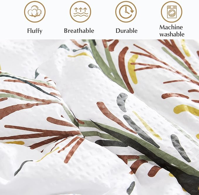 CASAAGUSTO King Comforter Set 7 PCS White & Green Dandelion Plant Comforter Set with Flowers Leaves Pattern Soft Seersucker Design All Season Bedding Set(102"X90")