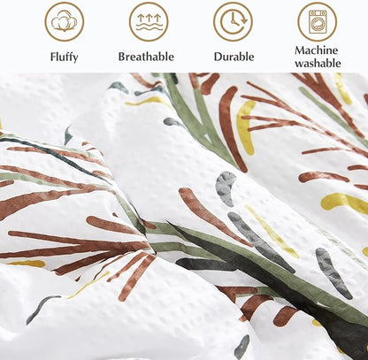 CASAAGUSTO King Comforter Set 7 PCS White & Green Dandelion Plant Comforter Set with Flowers Leaves Pattern Soft Seersucker Design All Season Bedding Set(102"X90")
