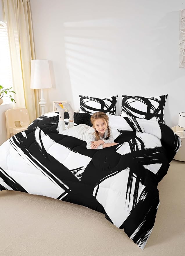 Erosebridal Black and White Abstarct Toddler Bedding Set,Aesthetic Geometric Comforter Set for Minimalists,Graffiti Stripes Lines Quilt,Contemporary Boho Modern Art Duvet Insert for Minimalism