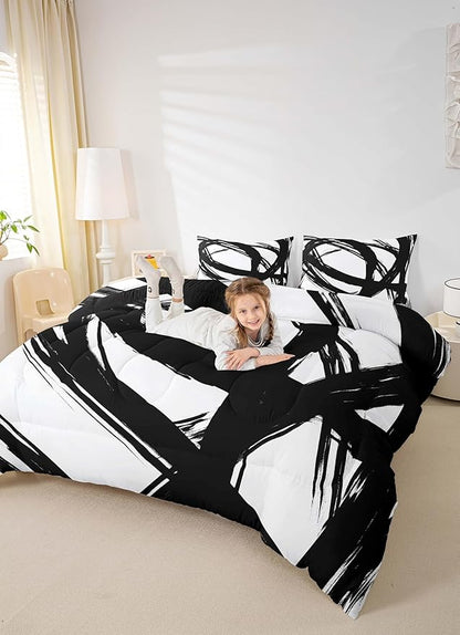 Erosebridal Black and White Abstarct Toddler Bedding Set,Aesthetic Geometric Comforter Set for Minimalists,Graffiti Stripes Lines Quilt,Contemporary Boho Modern Art Duvet Insert for Minimalism