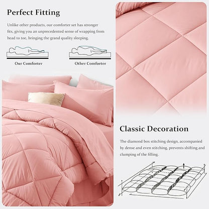 Newspin King Comforter Set Pink - Bed in a Bag King Size 8 Pieces, All Season Bed Set, Fluffy Comforter Set with Sheets, Sheet Set Quilt Blanket, Pillowcases & Shams & Bed Skirt