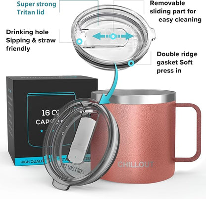 CHILLOUT LIFE Stainless Steel 16 oz - Vacuum Insulated Coffee Mug with Handle and Lid, Large Thermal Camping Coffee Mug Cup with Durable Sliding Lid for Women - Rose Gold