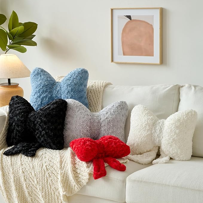 Bow Pillow, Decorative Bow Pillows with Soft Plush for Couch Bed, Bow Shaped Throw Pillow Room Decor for Bedroom, Bow Decorative Pillow for Living Room (White, Small-12 Inches)