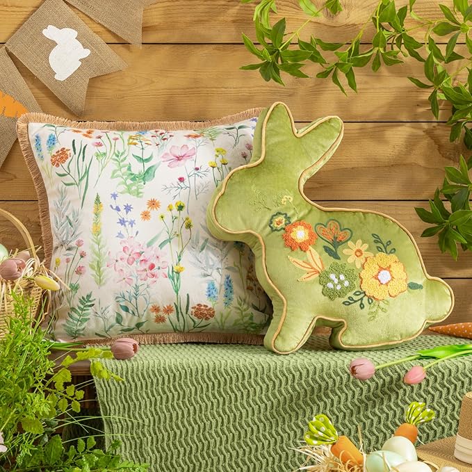 Phantoscope Happy Easter Bunny Shaped Throw Pillow, Embroidered Floral Patterns Cushion Soft Velvet Easter Rabbit Decorative Pillow for Couch Living Room Bed, Green,18.5 x 13 inches