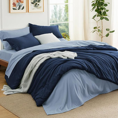 Bedsure King Size Comforter Set - 7 Pieces Navy King Bedding Set for All Seasons, Boho Contrasting Design Bed in a Bag with Comforter, Sheets, Pillowcases & Shams