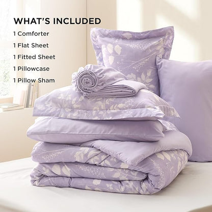 Bedsure Twin Comforter Set - 5 Pieces Floral Lavender Soft Bedding Sets, Twin Bed in a Bag with Botanical Flowers Comforter, Sheets, Pillowcase & Sham