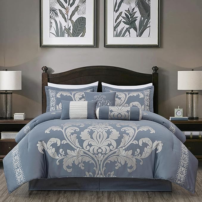 Chezmoi Collection Royale 7-Piece Jacquard Floral Comforter Set, Queen, Grayish Blue/Gray