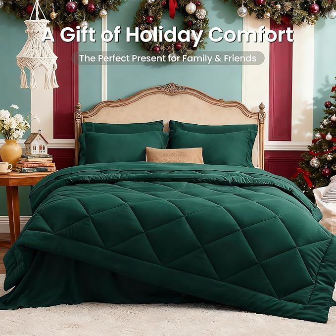Love's cabin King Size Comforter Set Dark Green, 7 Pieces King Bed in a Bag, All Season Bedding Sets with 1 Comforter, 1 Flat Sheet, 1 Fitted Sheet, 2 Pillowcase and 2 Pillow Sham