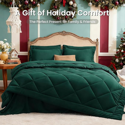 Love's cabin King Size Comforter Set Dark Green, 7 Pieces King Bed in a Bag, All Season Bedding Sets with 1 Comforter, 1 Flat Sheet, 1 Fitted Sheet, 2 Pillowcase and 2 Pillow Sham