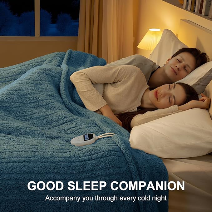 Electric Blanket Queen Size Single Control - Soft Double Sided Sherpa Heated Blanket with 6 Fast Heating Levels & 10 hrs Timer Settings, Washable & Overheat Protection for Bed, Blue