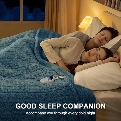 Electric Blanket Queen Size Single Control - Soft Double Sided Sherpa Heated Blanket with 6 Fast Heating Levels & 10 hrs Timer Settings, Washable & Overheat Protection for Bed, Blue