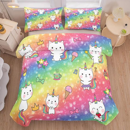 Tailor Shop Cat Comforter Sets King Size,Cat Bedding Sets for Girls Kids Teens Rainbow Comforter with 2 Pillowcase…