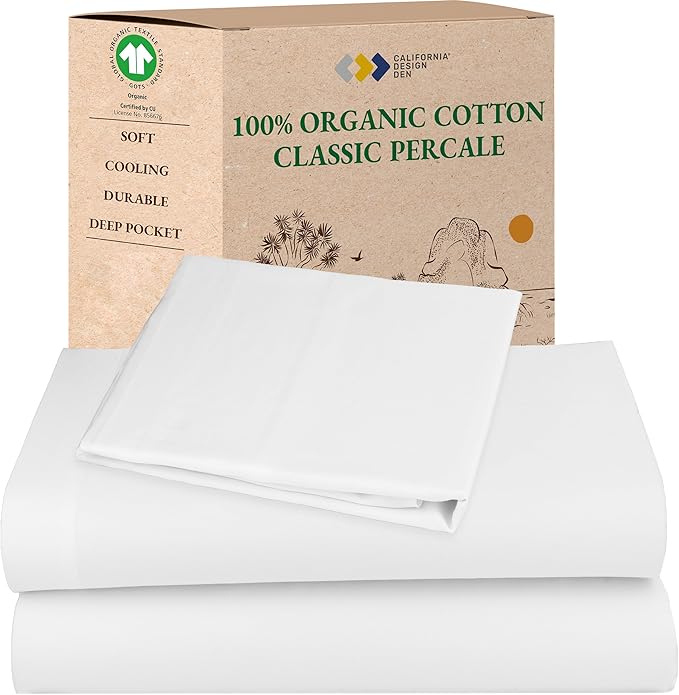 California Design Den Twin Sheets Set - Soft 100% Organic Cotton Sheets with Deep Pockets, Crisp Percale, Breathable and Durable Bedding Set - White