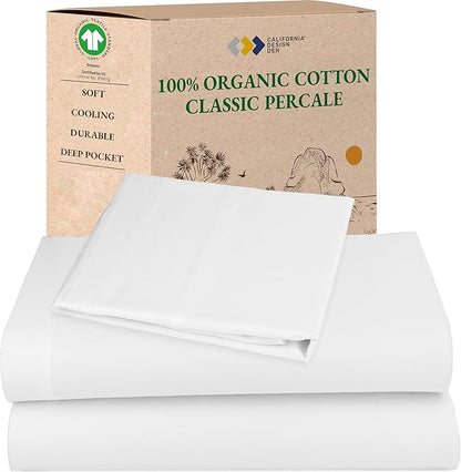 California Design Den Twin Sheets Set - Soft 100% Organic Cotton Sheets with Deep Pockets, Crisp Percale, Breathable and Durable Bedding Set - White