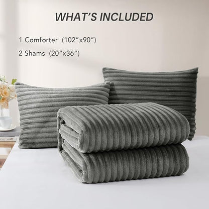 Geniospin Fleece King Size Comforter Set, Soft Fuzzy Fleece King Bedding Set, 3-Pieces Grey Comforter Set for All Season, Warm Fluffy Comforter with 2 Pillow Cases