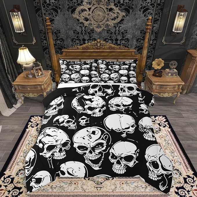 Erosebridal Boys Black Skull King Size Comforter Set, Halloween Skeleton Skull Bedding Set, Gothic Skeleton Comforter for Kids Teens Adults Men Goth Room Decor, Terror Theme Black Quilt