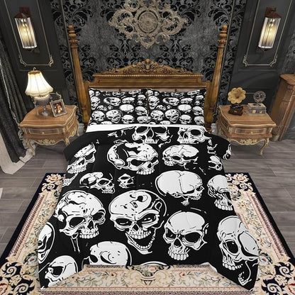Erosebridal Boys Black Skull Comforter Set Toddler, Halloween Skeleton Skull Bedding Set, Gothic Skeleton Comforter for Kids Teens Adults Men Goth Room Decor, Terror Theme Black Quilt