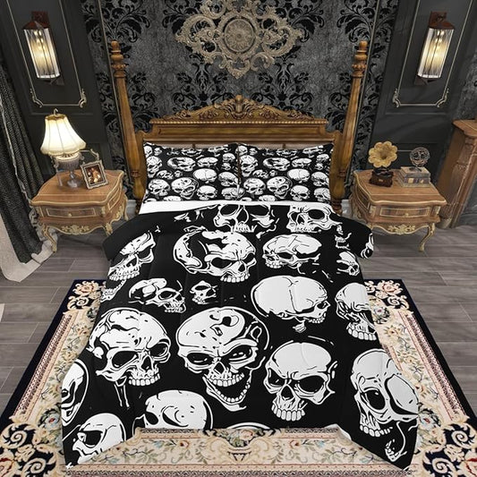 Erosebridal Boys Black Skull Comforter Set Toddler, Halloween Skeleton Skull Bedding Set, Gothic Skeleton Comforter for Kids Teens Adults Men Goth Room Decor, Terror Theme Black Quilt