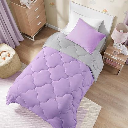 Comfort Spaces Vixie Reversible Comforter Set - Trendy Casual Geometric Quilted Cover, All Season Down Alternative Cozy Bedding, Matching Sham, Lavendar/Gray, Twin/Twin XL 2 piece