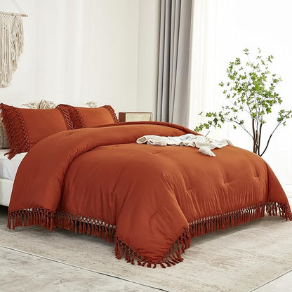 Andency Comforter King Size Set Burnt Orange, 3 Pieces Boho Terracotta Tassel Lightweight Fluffy Bedding Comforters & Sets, Soft All Season Rust Bed Set (104x90In Comforter & 2 Pillowcases)