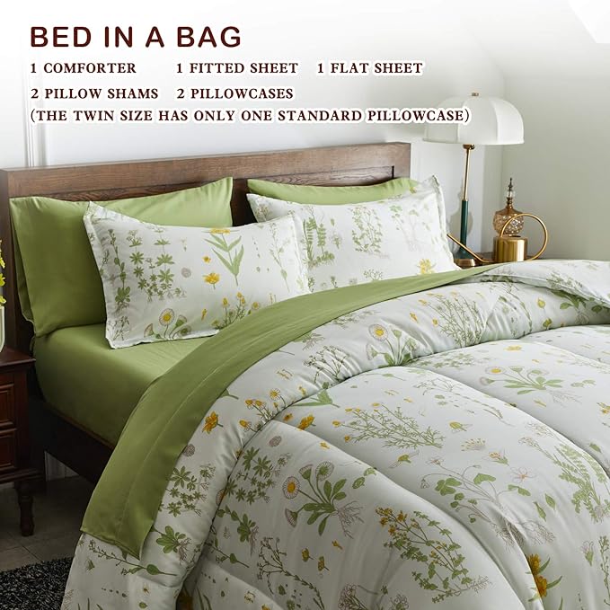 Joyreap 7 Piece Botanical Bed in a Bag Queen, Green Leaves Yellow Flower on Green Tint, Smooth Soft Microfiber Comforter Sheet Set for All Season