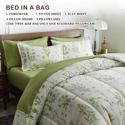 Joyreap 7 Piece Bed in a Bag King, Green Leaves Yellow Flower Botanical Design, Smooth Soft Microfiber Comforter Set (1 Comforter, 2 Pillow Shams, 1 Flat Sheet, 1 Fitted Sheet, 2 Pillowcases)