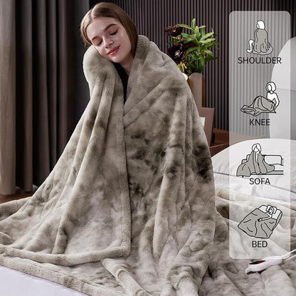 Guohaoi Heated Blanket Electric Throw, Soft Faux Rabbit Fur Electric Blanket with 10 Heating Levels 5 Sitting Timer Auto Off, Cozy Warm Heating Blankets, Machine Washable(62"×84" Light Grey)