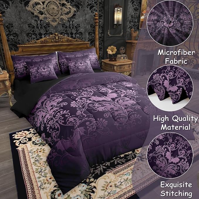 Erosebridal Gothic Damask Bed in a Bag King Size Comforter Set 7 Pieces,Halloween Bat Bedding Sets Purple Victorian Floral Goth Sheet Set with Comforter